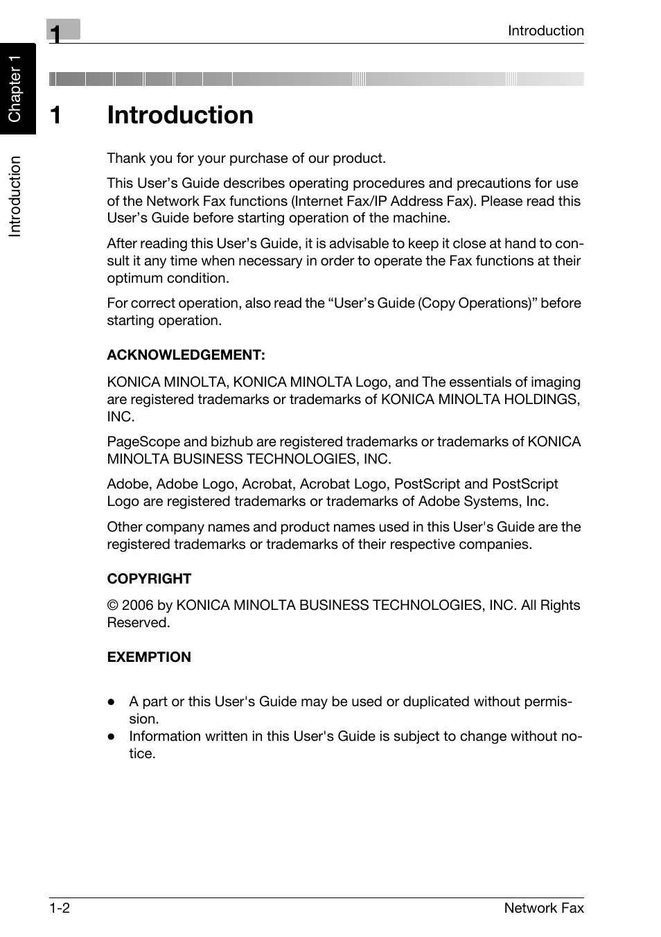 1 introduction, Acknowledgement, Copyright | Exemption, Introduction, 1introduction | Konica Minolta bizhub C300 User Manual | Page 11 / 342
