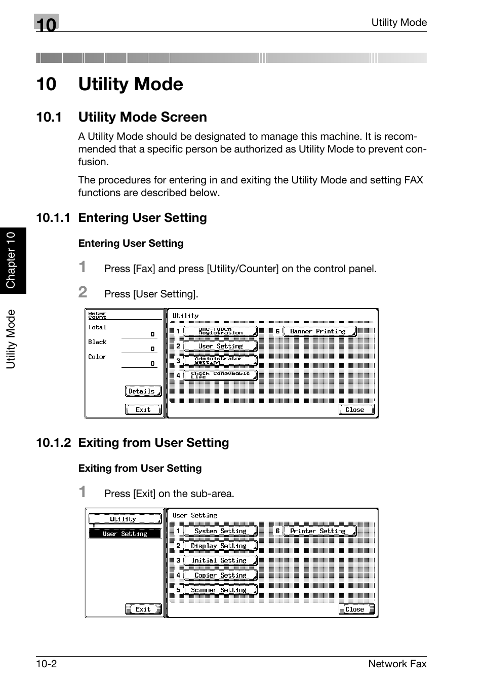 10 utility mode, 1 utility mode screen, 1 entering user setting | Entering user setting, 2 exiting from user setting, Exiting from user setting, Utility mode screen -2, Entering user setting -2, Exiting from user setting -2 | Konica Minolta bizhub C300 User Manual | Page 189 / 342