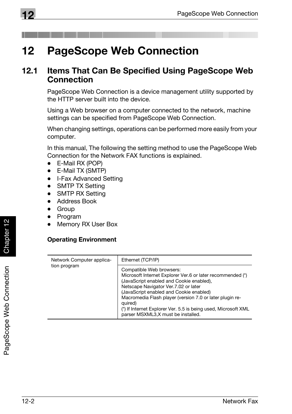 Operating environment, Items that can be specified, 12 pagescope web connection | Konica Minolta bizhub C300 User Manual | Page 289 / 342