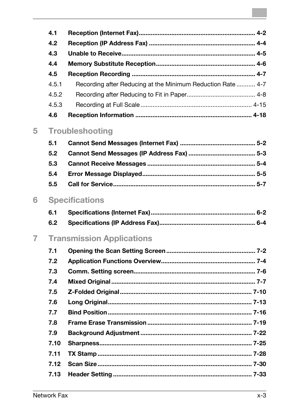 5troubleshooting, 6specifications, 7transmission applications | Konica Minolta bizhub C300 User Manual | Page 4 / 342