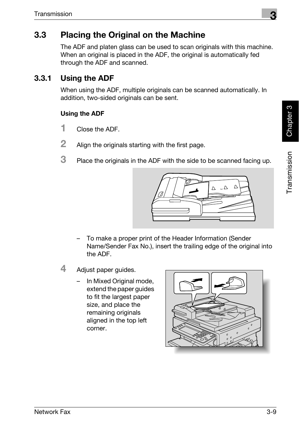 3 placing the original on the machine, 1 using the adf, Using the adf | Placing the original on the machine -9, Using the adf -9 | Konica Minolta bizhub C300 User Manual | Page 48 / 342