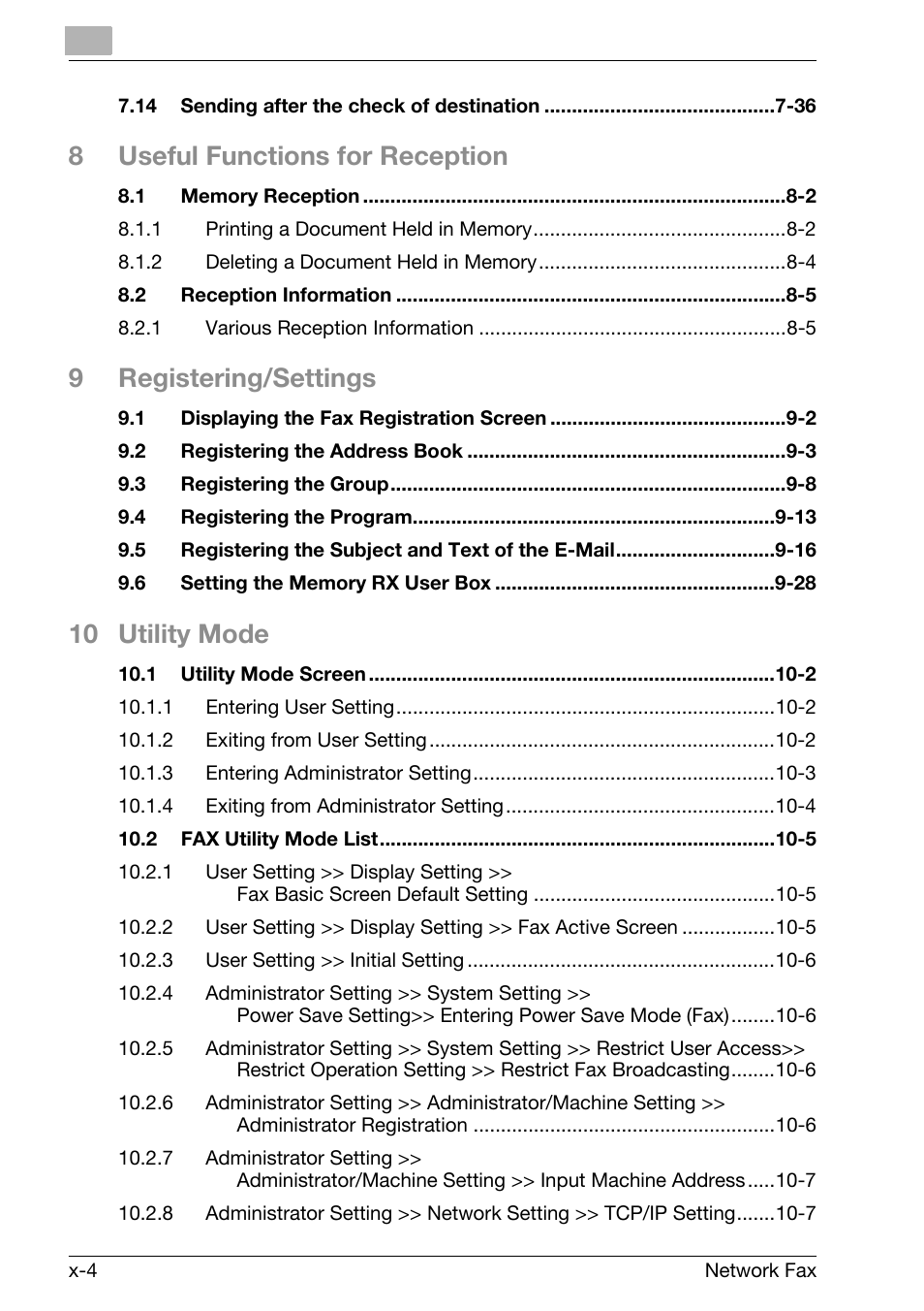 8useful functions for reception, 9registering/settings, 10 utility mode | Konica Minolta bizhub C300 User Manual | Page 5 / 342