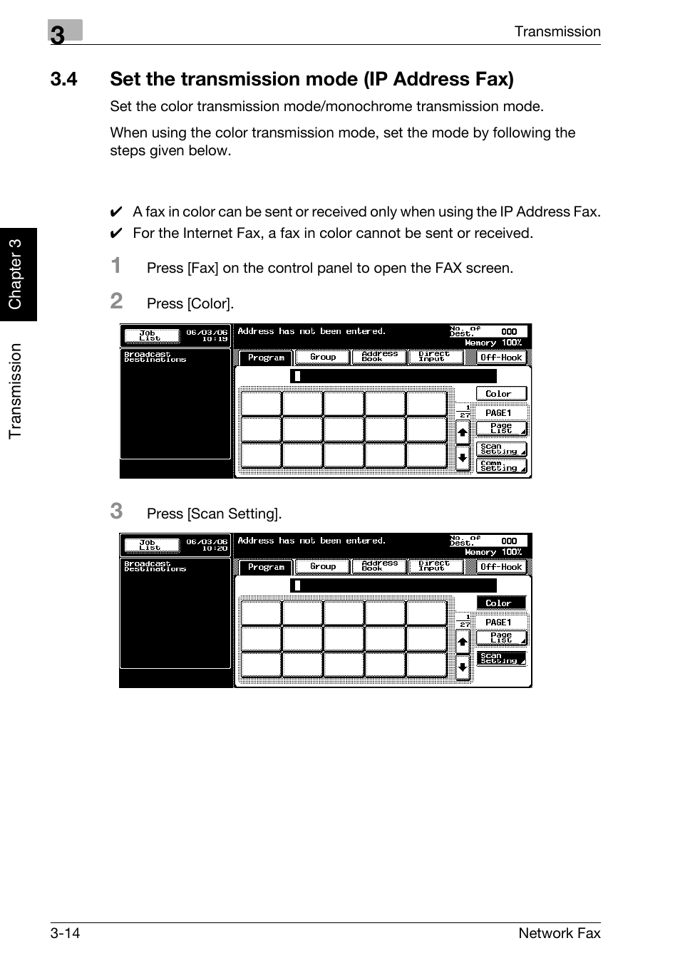 4 set the transmission mode (ip address fax), Set the transmission mode (ip address fax) -14 | Konica Minolta bizhub C300 User Manual | Page 53 / 342