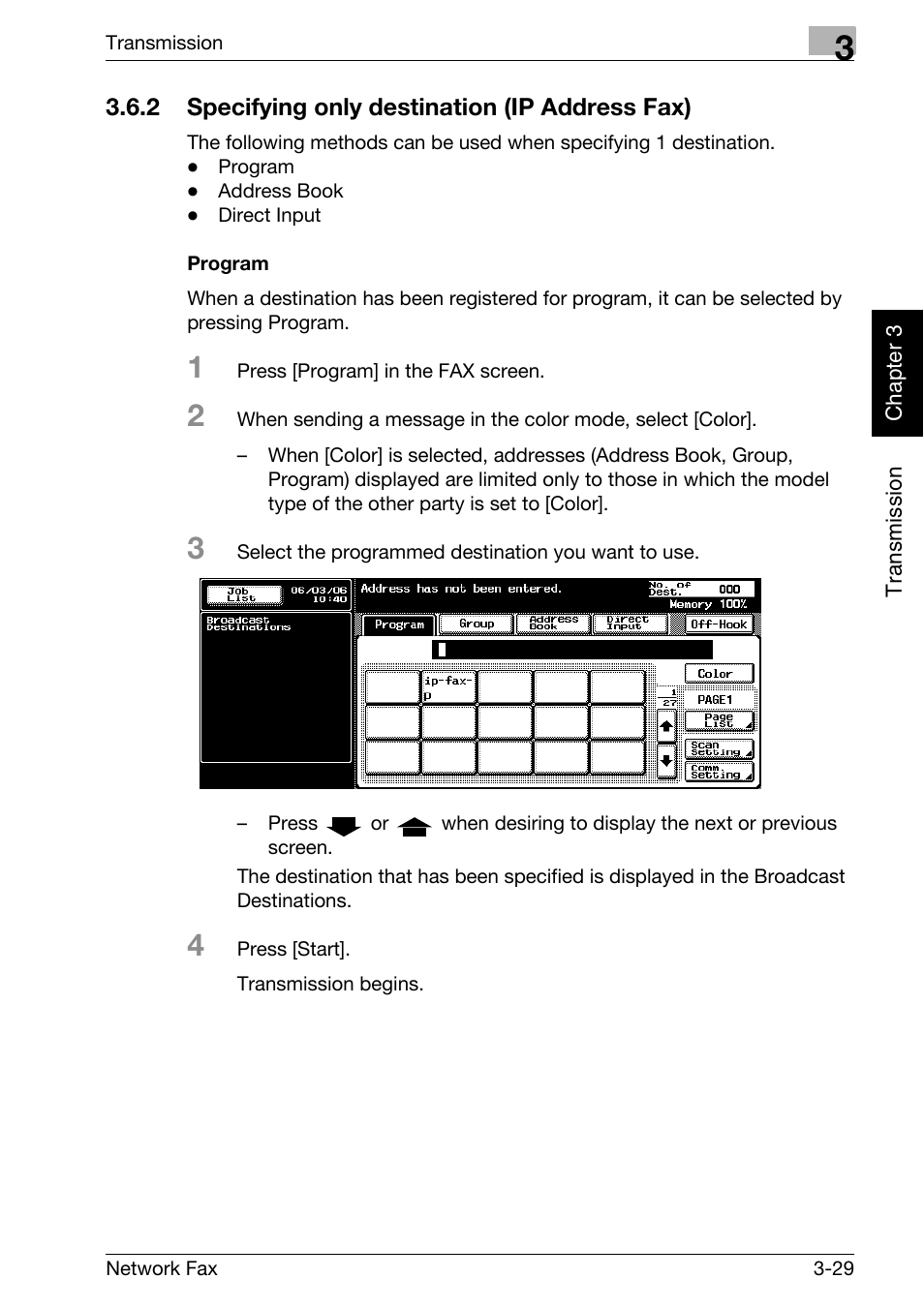 2 specifying only destination (ip address fax), Program, Specifying only destination (ip address fax) -29 | Konica Minolta bizhub C300 User Manual | Page 68 / 342