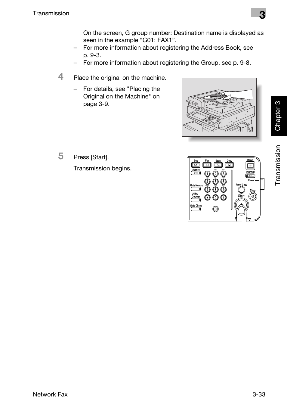 Tr an sm iss ion chapter 3, Transmission, Network fax 3-33 | Press [start]. transmission begins | Konica Minolta bizhub C300 User Manual | Page 72 / 342