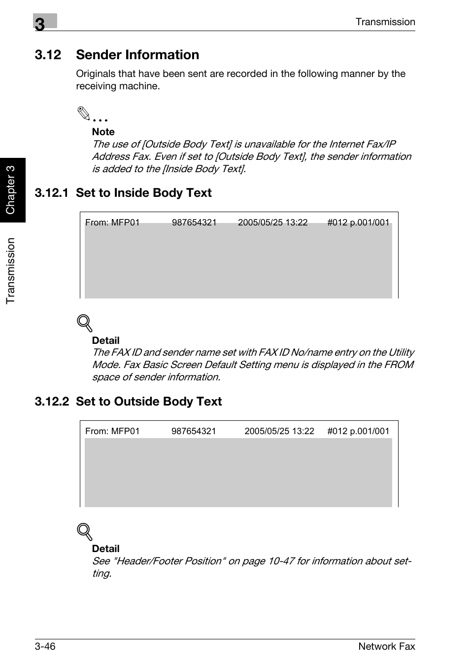 12 sender information, 1 set to inside body text, 2 set to outside body text | Sender information -46, Set to inside body text -46, Set to outside body text -46 | Konica Minolta bizhub C300 User Manual | Page 85 / 342