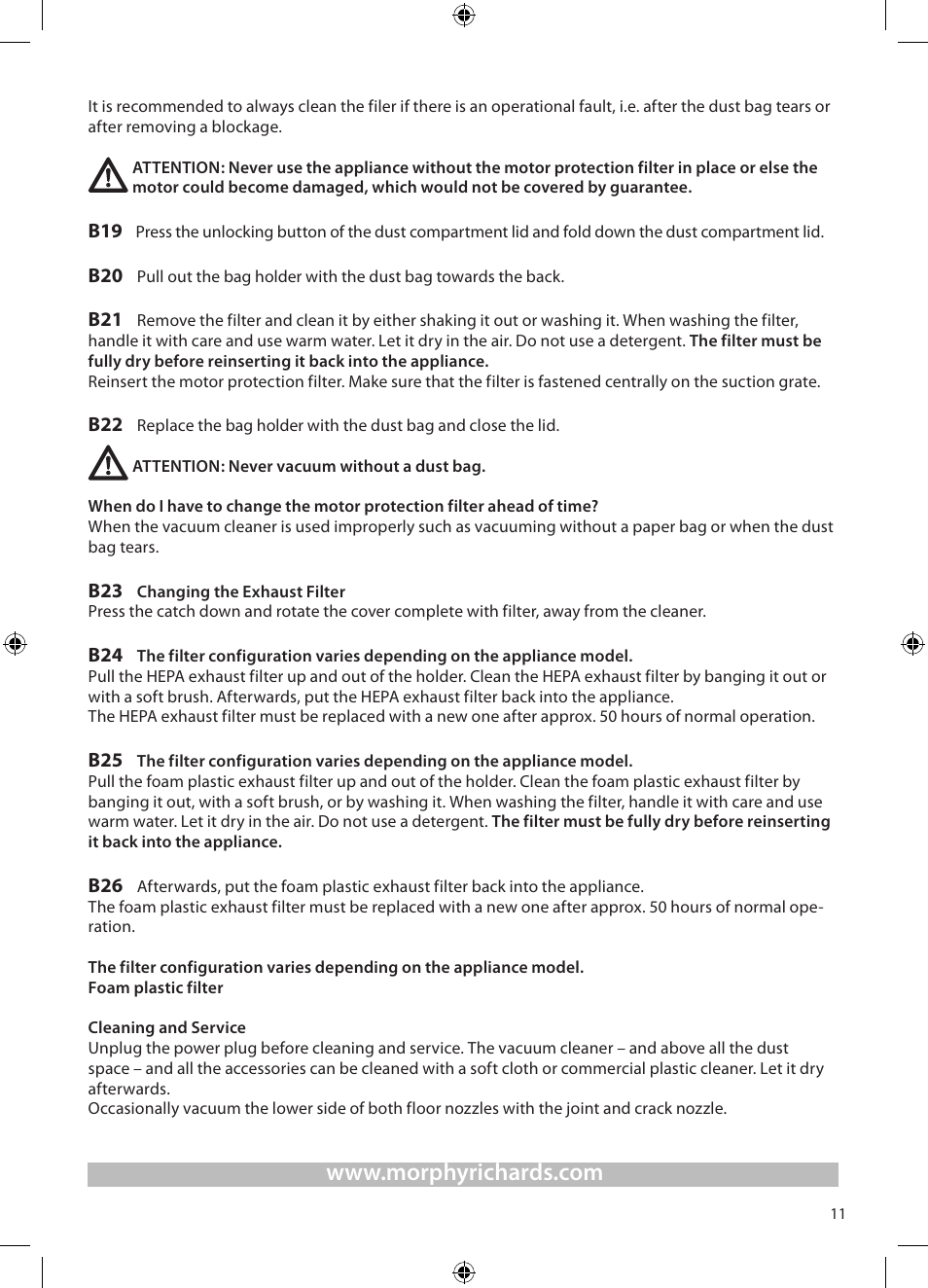 Morphy Richards Bagged cylinder Vacuum User Manual | Page 11 / 13