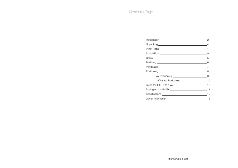 Contents page | Monitor Audio GOLD GX-FX User Manual | Page 2 / 9