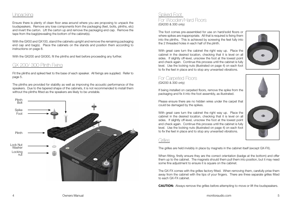 Unpacking, Spiked foot for wooden/hard floors, For carpeted floors | Grilles | Monitor Audio GOLD GX-FX User Manual | Page 4 / 9