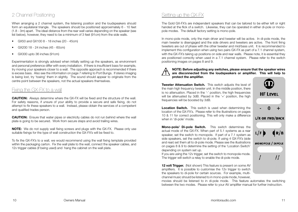 Setting up the gx-fx, 2 channel positioning, Fixing the gx-fx to a wall | Monitor Audio GOLD GX-FX User Manual | Page 7 / 9