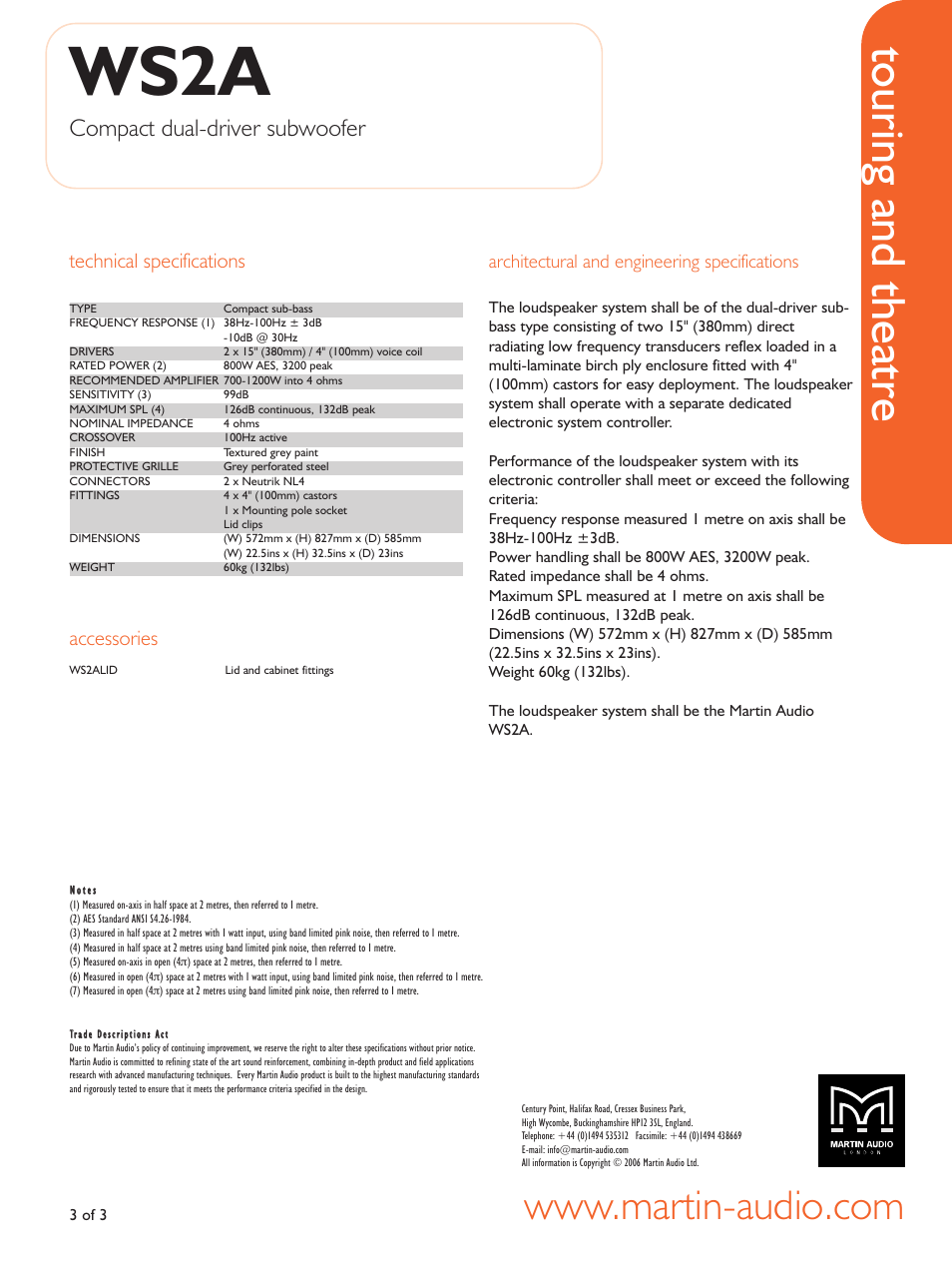 Technical specifications, Architectural and engineering specifications, Accessories | Ws2a, Touring and theatre, Compact dual-driver subwoofer | Martin Audio Compact Dual-driver Subwoofer WS2A User Manual | Page 3 / 3