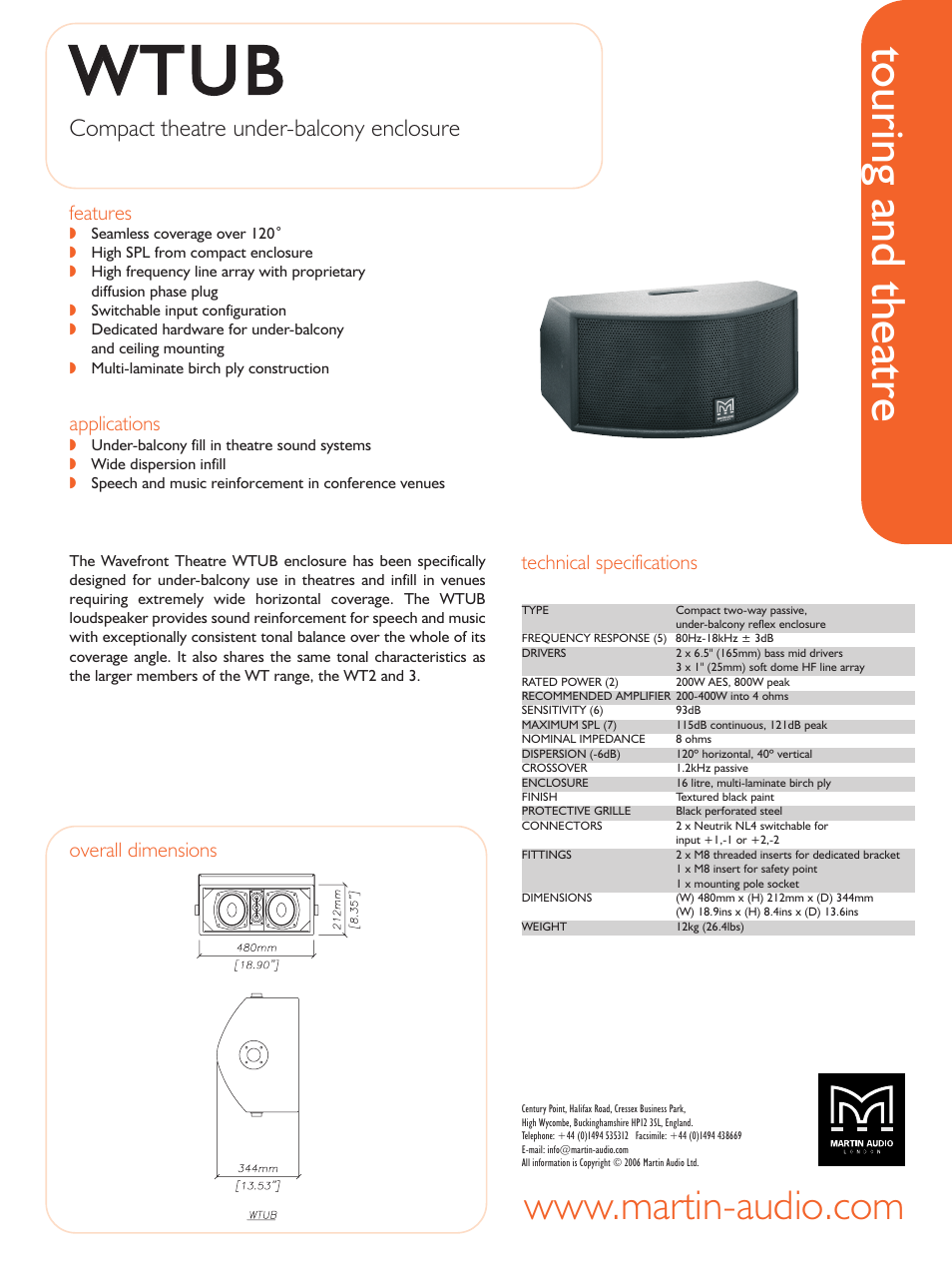 Martin Audio Touring and Theatre WTUB User Manual | 1 page