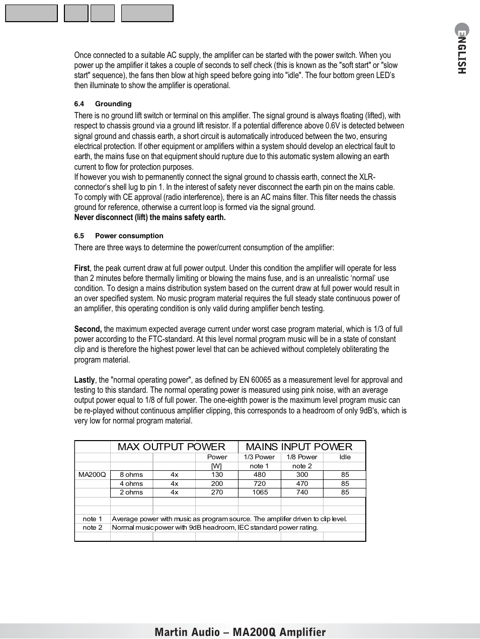 Grounding, Power consumption, Martin audio – ma200q amplifier | English, Max output power mains input power | Martin Audio MA200Q User Manual | Page 10 / 21