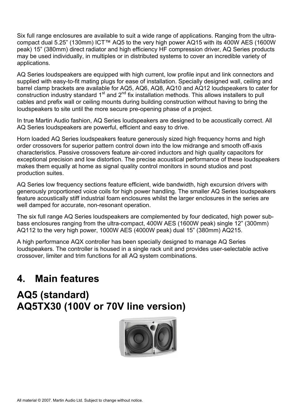 Main features | Martin Audio AQ Series User Manual | Page 4 / 49