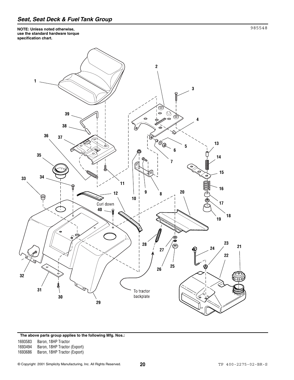 Seat, seat deck & fuel tank group | Massey Ferguson L&G BARON 1693583 User Manual | Page 22 / 54