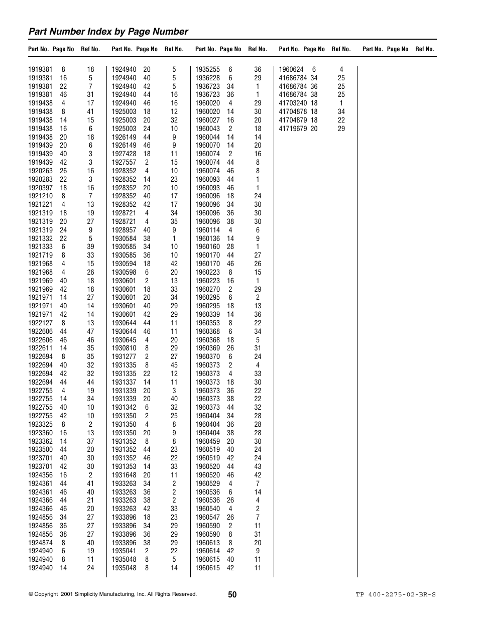 Part number index by page number | Massey Ferguson L&G BARON 1693583 User Manual | Page 52 / 54