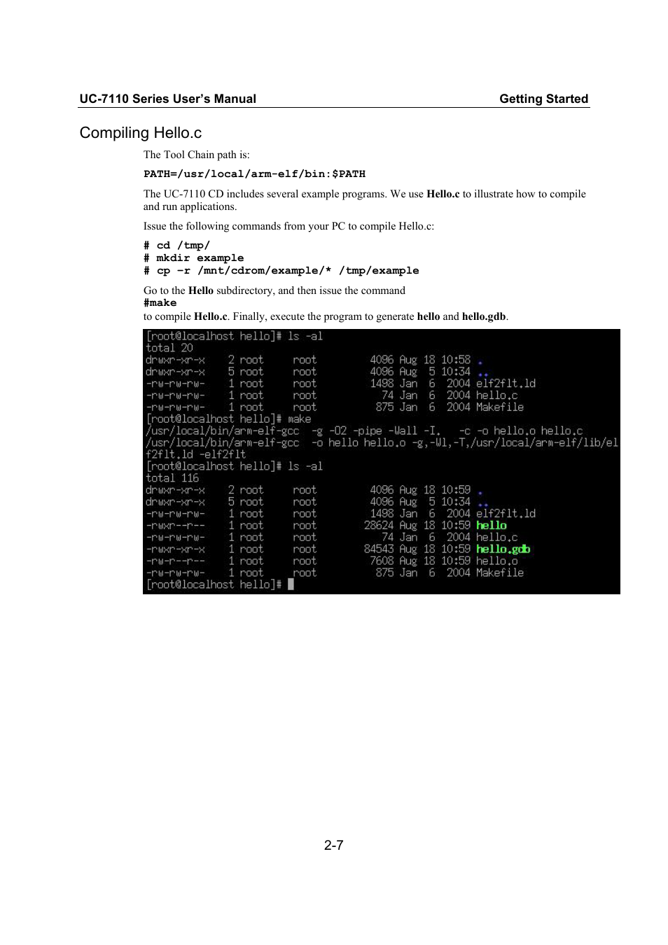 Compiling hello.c, Compiling hello.c -7 | Moxa Technologies UC-7110 User Manual | Page 23 / 64