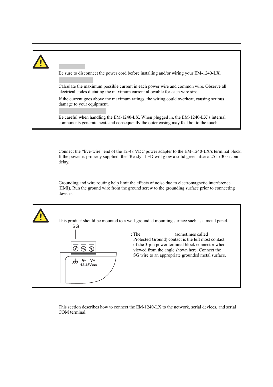 Connecting the power, Grounding the em-1240-lx, Connecting data transmission cables | Connecting the power -9, Grounding the em-1240-lx -9, Connecting data transmission cables -9 | Moxa Technologies EM-1240-LX User Manual | Page 13 / 64