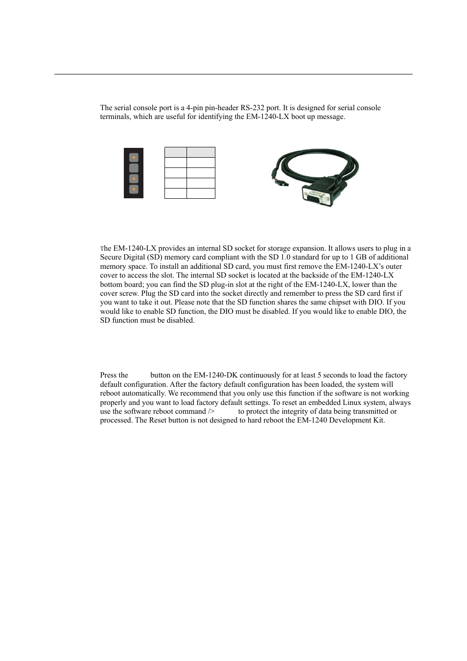 Serial console port, Internal sd socket, Additional functions | Reset button, Serial console port -11, Internal sd socket -11, Additional functions -11, Reset button -11 | Moxa Technologies EM-1240-LX User Manual | Page 15 / 64