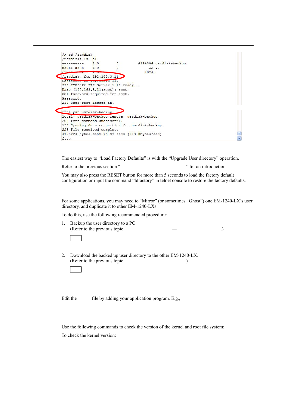 Loading factory defaults, Autostarting user applications on bootup, Checking the kernel and root file system versions | Loading factory defaults -13, Autostarting user applications on bootup -13 | Moxa Technologies EM-1240-LX User Manual | Page 46 / 64