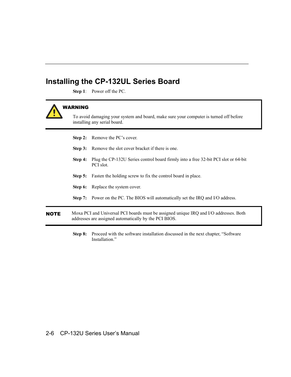 Installing the cp-132ul series board, Installing the cp-132ul series board -6 | Moxa Technologies CP-132U User Manual | Page 16 / 87