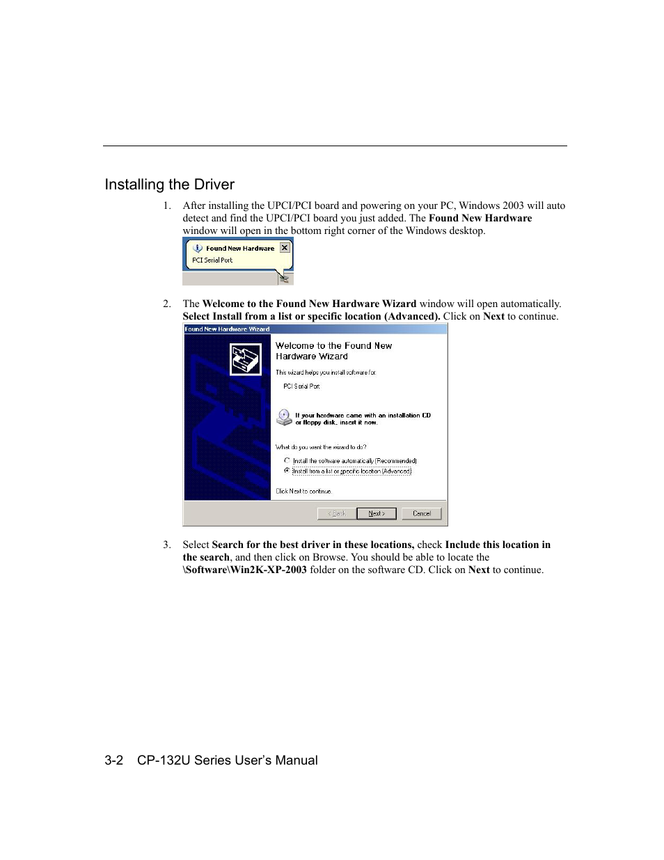 Installing the driver, Installing the driver -2 | Moxa Technologies CP-132U User Manual | Page 18 / 87