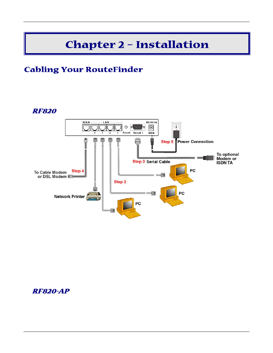 Chapter 2 – installation, Cabling your routefinder, Rf820 | Rf820-ap | Multitech ROUTEFINDER RF830-AP User Manual | Page 12 / 94