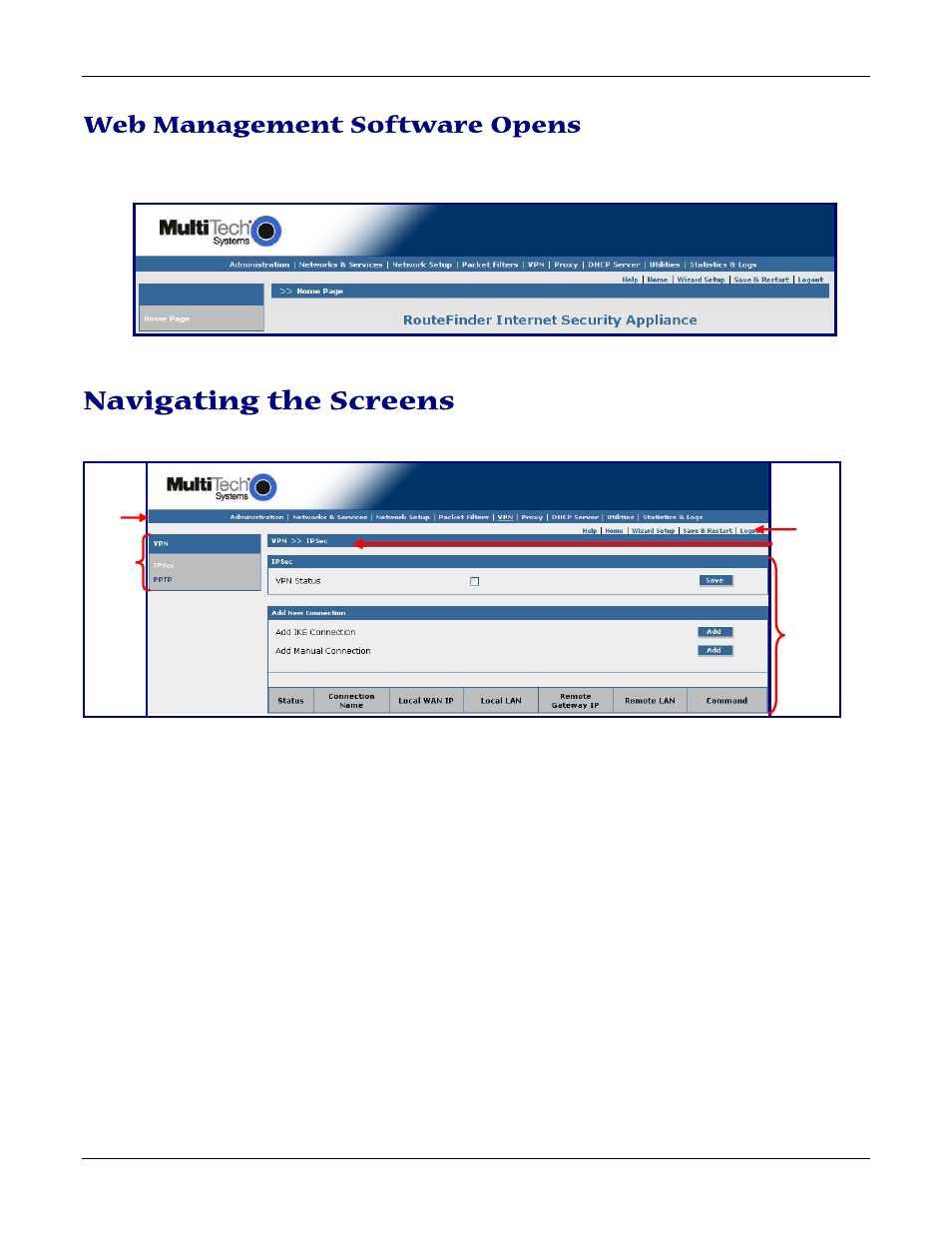 Web management software opens, Navigating the screens | Multitech ROUTEFINDER RF830-AP User Manual | Page 17 / 94