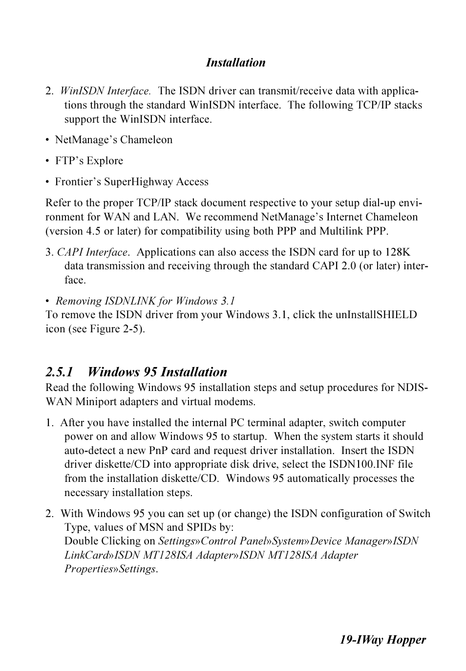 1 windows 95 installation | Multitech IWAY MT128ISA-SV User Manual | Page 19 / 117
