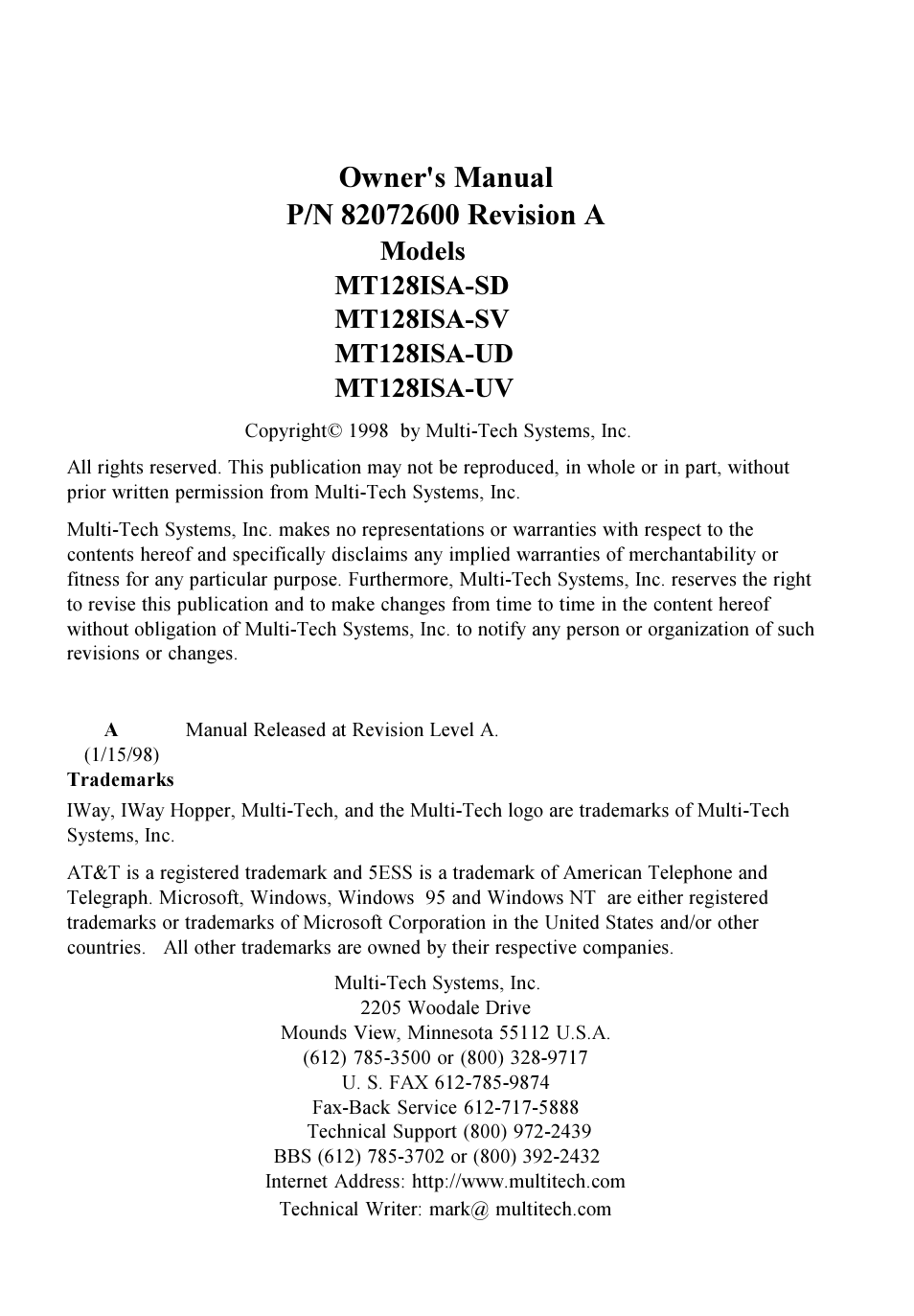 Multitech IWAY MT128ISA-SV User Manual | Page 2 / 117