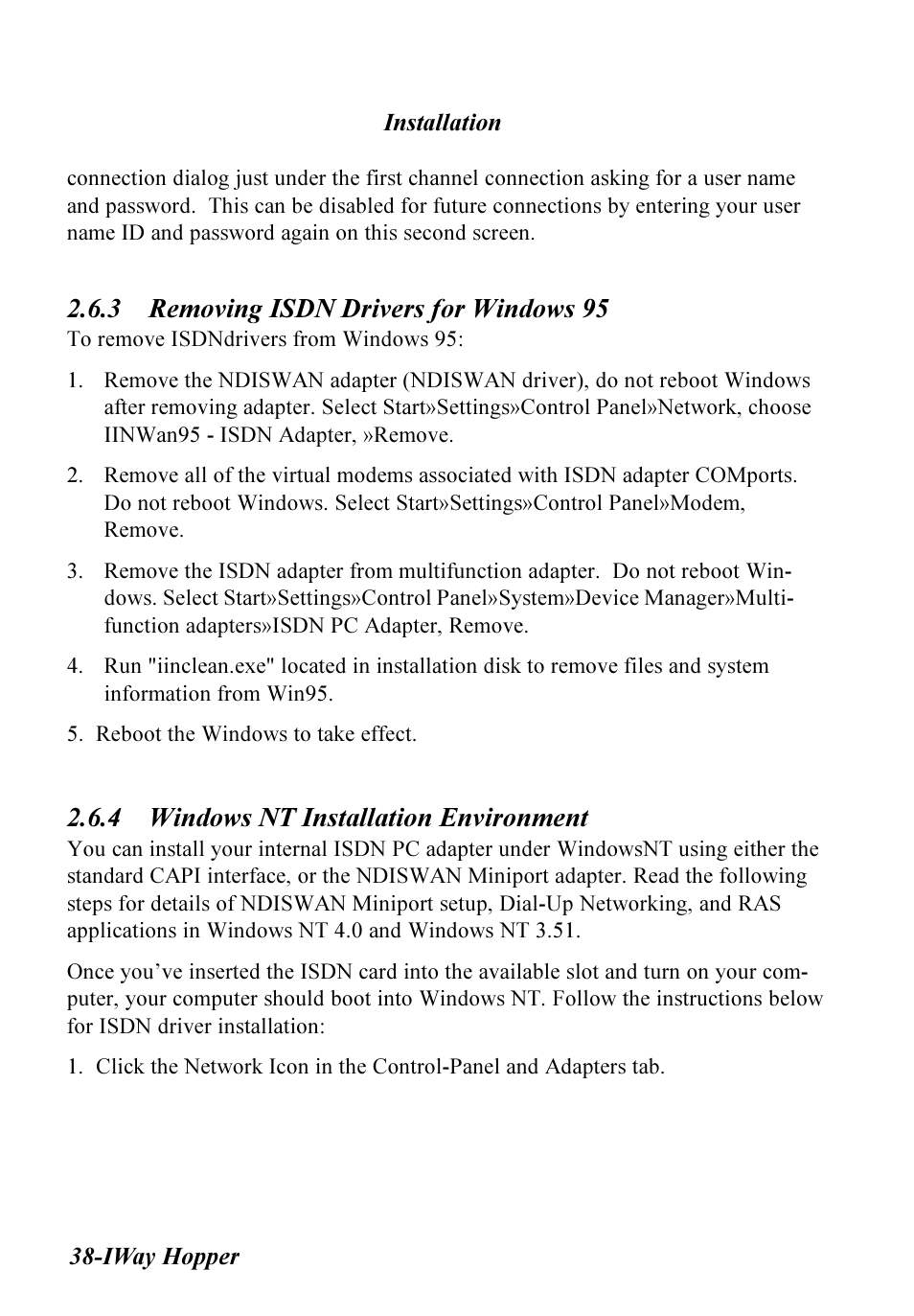 3 removing isdn drivers for windows 95, 4 windows nt installation environment | Multitech IWAY MT128ISA-SV User Manual | Page 38 / 117