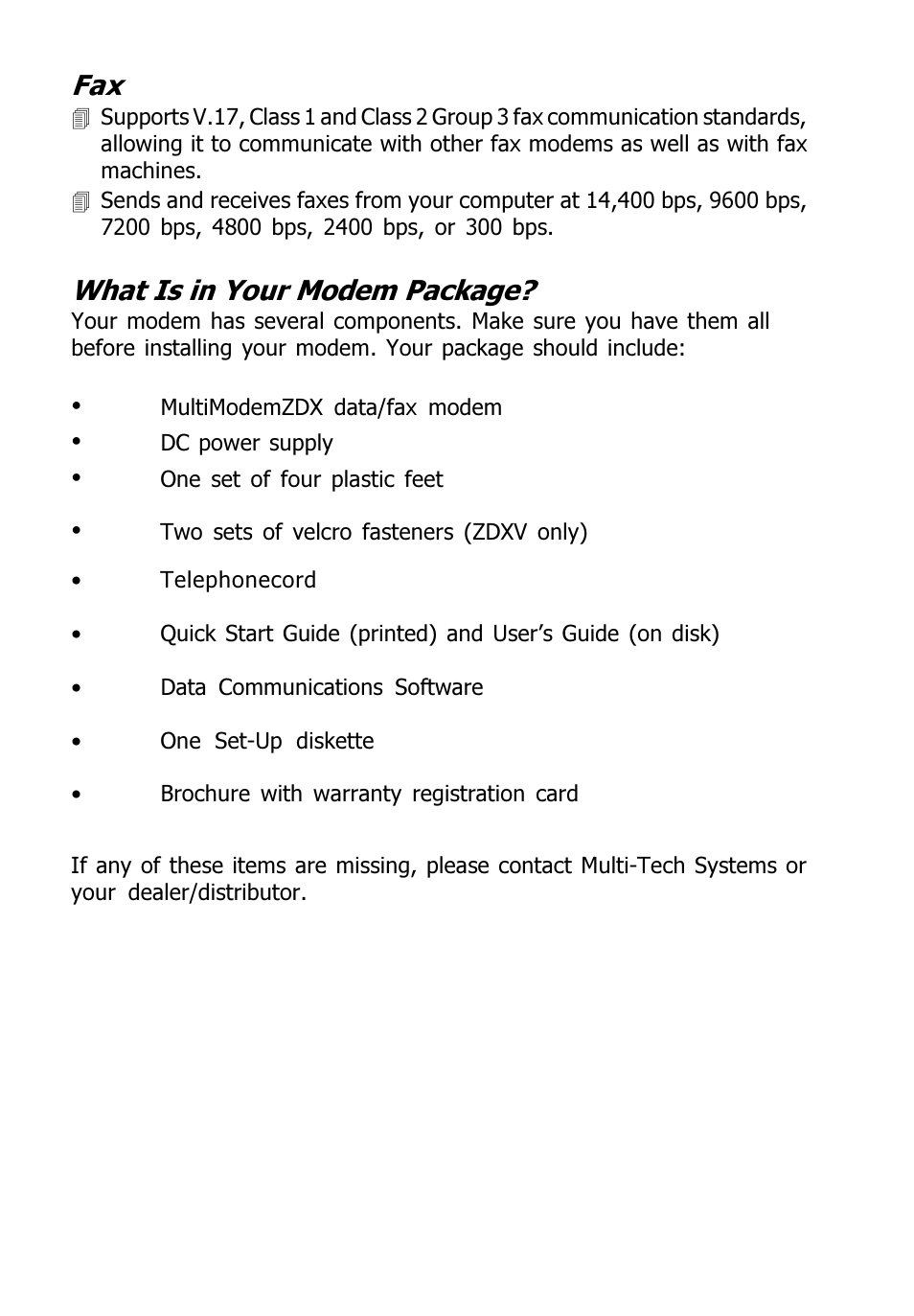 What is in your modem package | Multitech V.90/K56FLEX MT5600ZDXV User Manual | Page 10 / 98