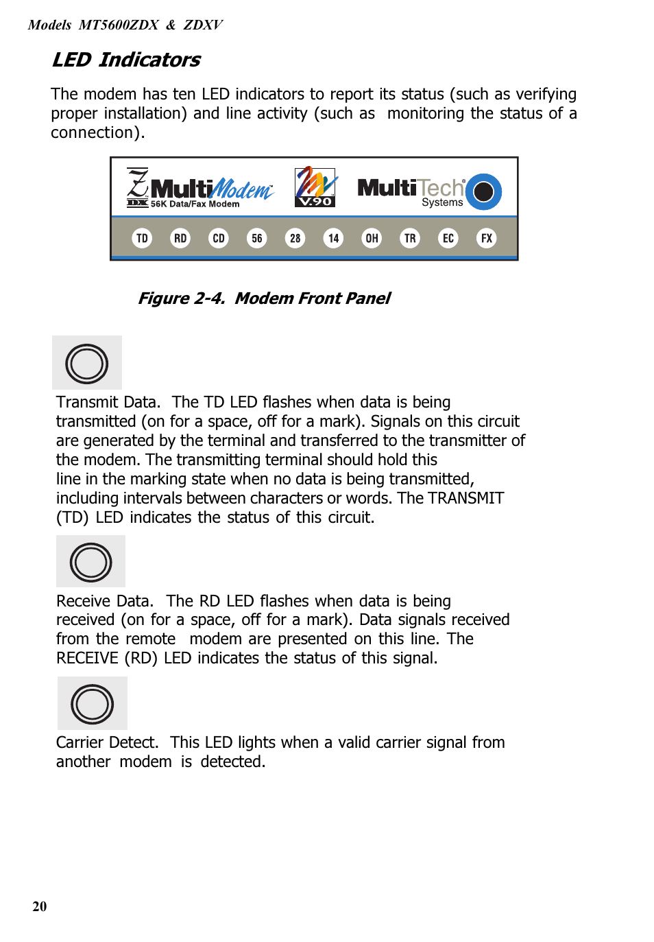Led indicators | Multitech V.90/K56FLEX MT5600ZDXV User Manual | Page 20 / 98