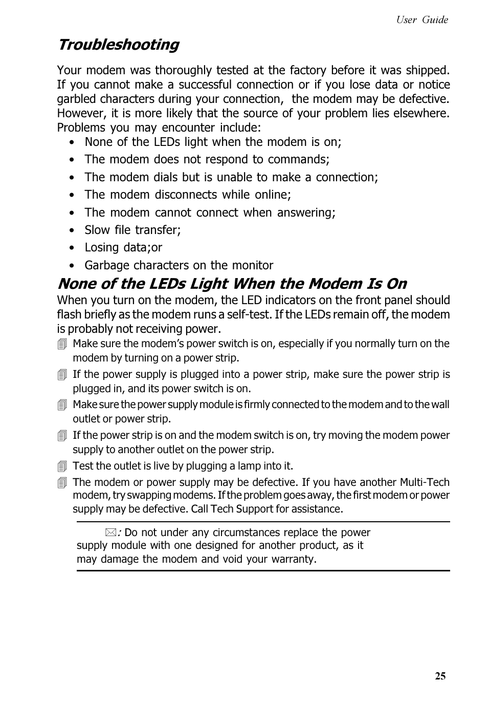 Troubleshooting, None of the leds light when the modem is on | Multitech V.90/K56FLEX MT5600ZDXV User Manual | Page 25 / 98