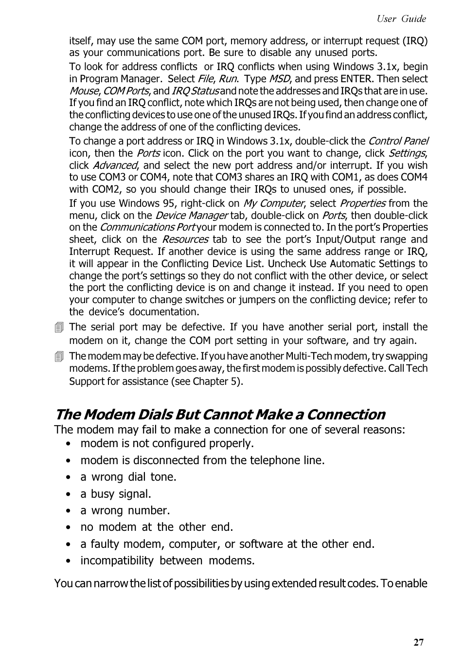 The modem dials but cannot make a connection | Multitech V.90/K56FLEX MT5600ZDXV User Manual | Page 27 / 98