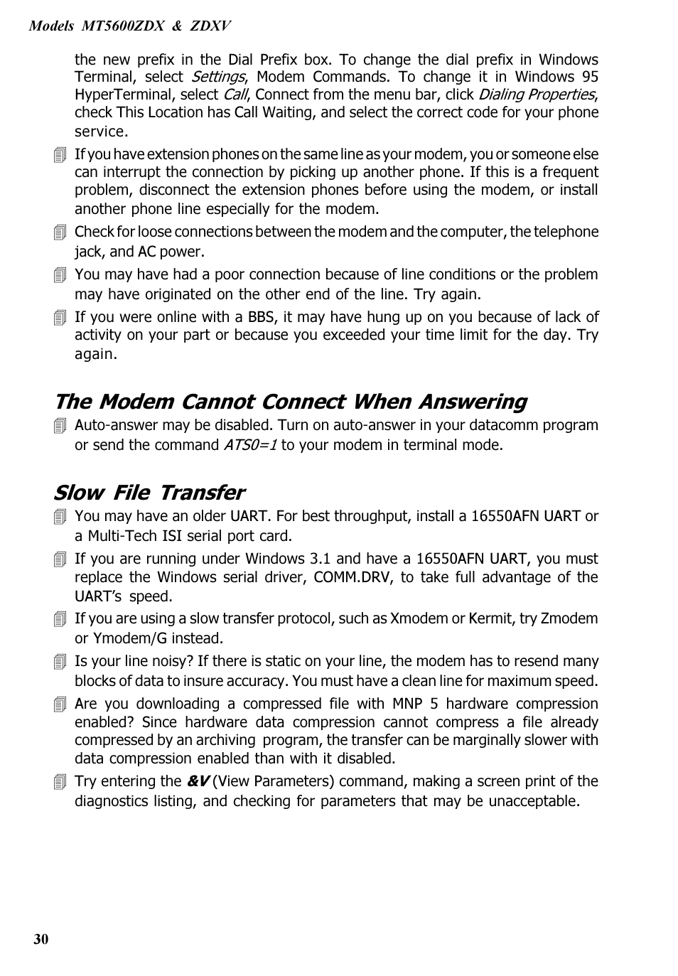 The modem cannot connect when answering, Slow file transfer | Multitech V.90/K56FLEX MT5600ZDXV User Manual | Page 30 / 98