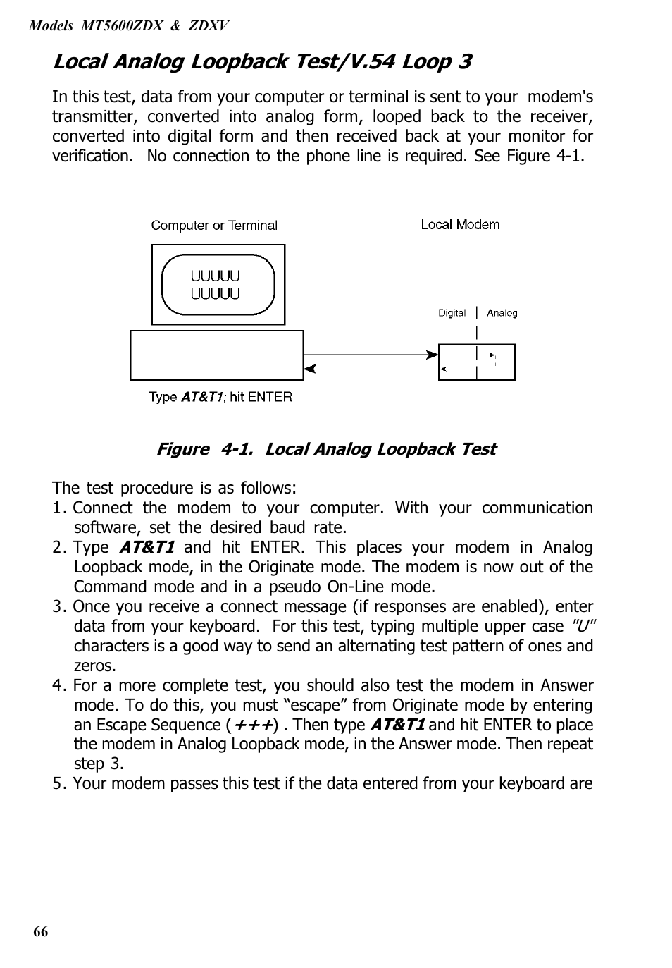 Local analog loopback test/v.54 loop 3 | Multitech V.90/K56FLEX MT5600ZDXV User Manual | Page 66 / 98