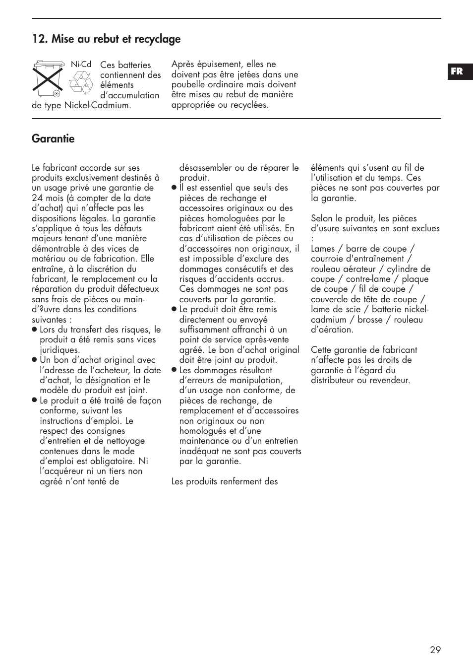 Garantie, Mise au rebut et recyclage | Mantis 811103 User Manual | Page 29 / 41