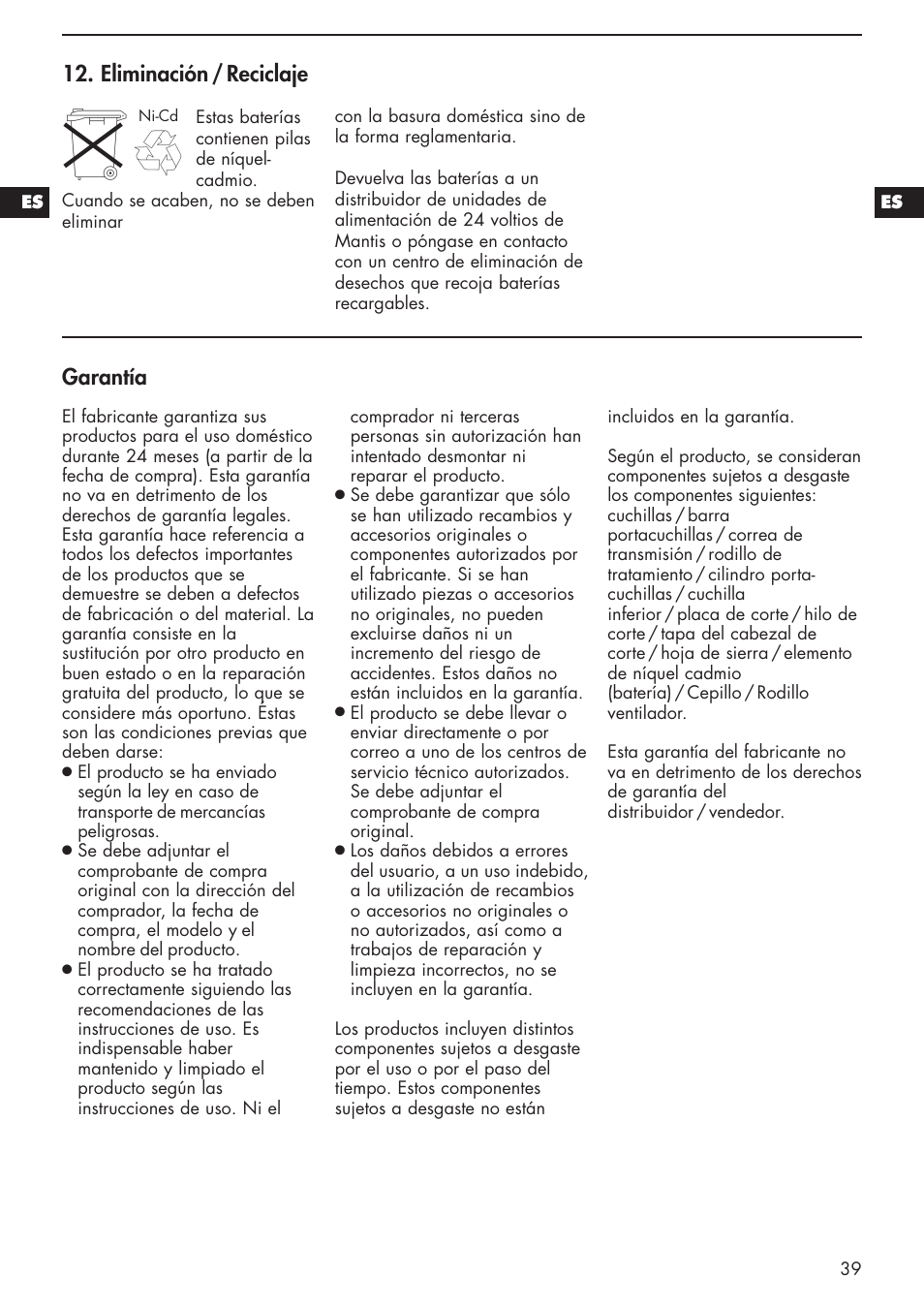 Garantía, Eliminación / reciclaje | Mantis 811103 User Manual | Page 39 / 41
