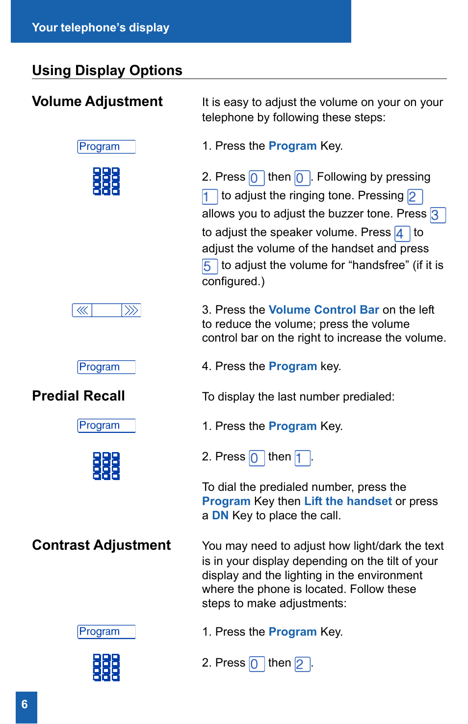 Using display options volume adjustment, Predial recall, Contrast adjustment | Meridian America M2008HF User Manual | Page 12 / 52
