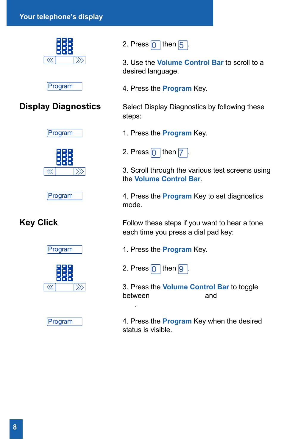 Display diagnostics, Key click | Meridian America M2008HF User Manual | Page 14 / 52