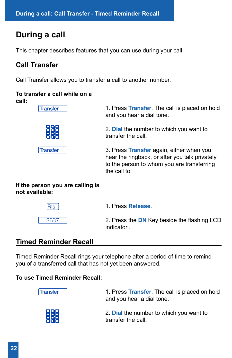 During a call, Call transfer, Timed reminder recall | Meridian America M2008HF User Manual | Page 28 / 52