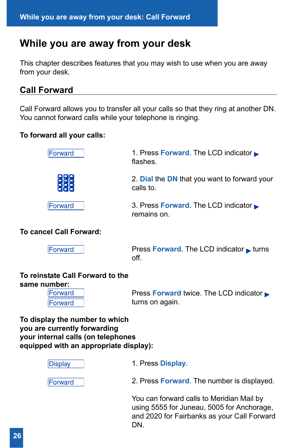 While you are away from your desk, Call forward | Meridian America M2008HF User Manual | Page 32 / 52
