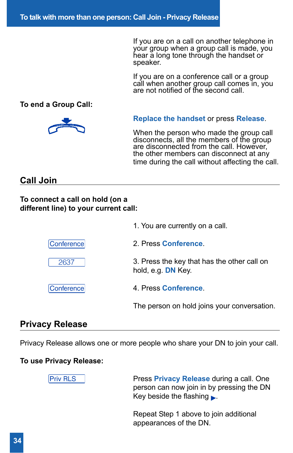 Call join, Privacy release | Meridian America M2008HF User Manual | Page 40 / 52