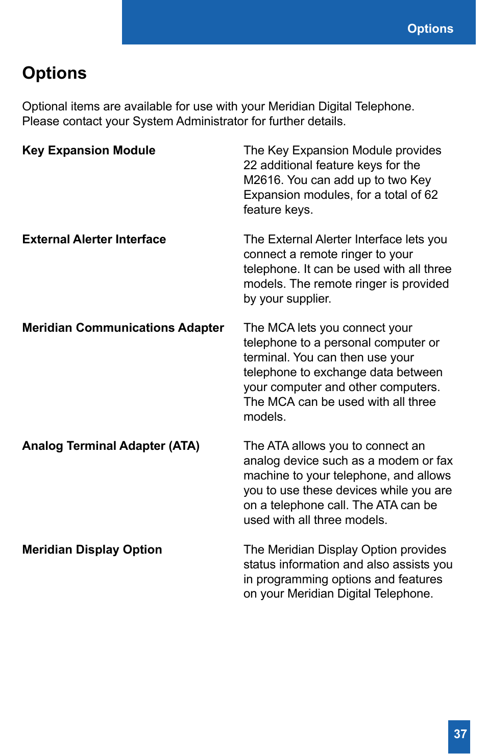 Options | Meridian America M2008HF User Manual | Page 43 / 52