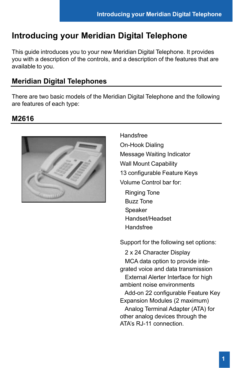 Introducing your meridian digital telephone | Meridian America M2008HF User Manual | Page 7 / 52