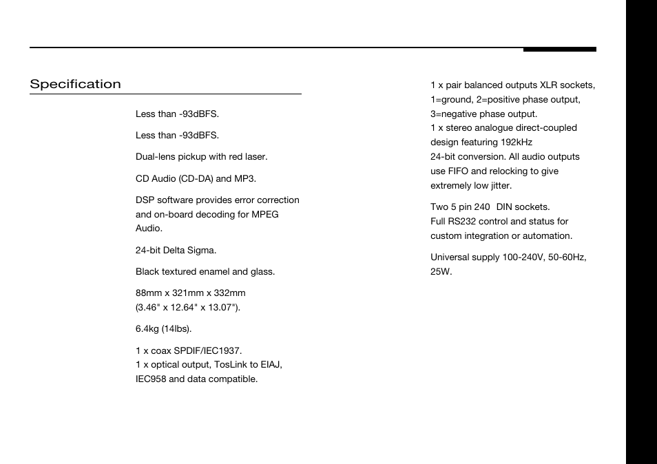 Specification and accessories, Specification | Meridian America 588 User Manual | Page 10 / 41