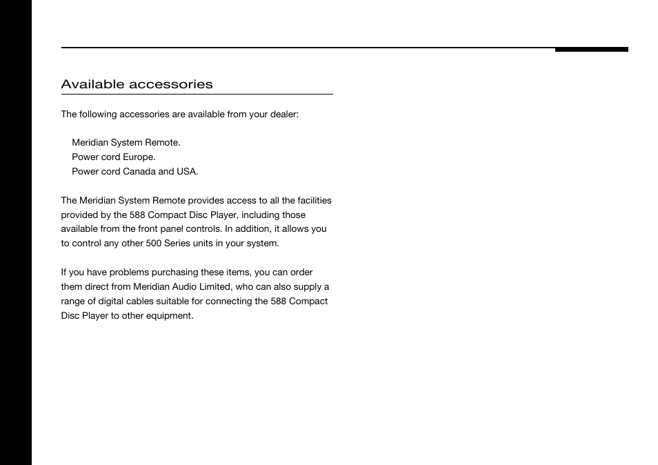 Accessories, Available accessories | Meridian America 588 User Manual | Page 11 / 41
