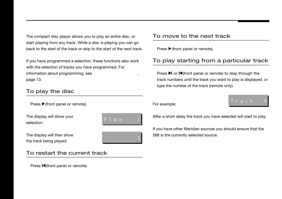 Playing a disc, From a particular track, Restarting the current track | Starting play from a particular track | Meridian America 588 User Manual | Page 15 / 41