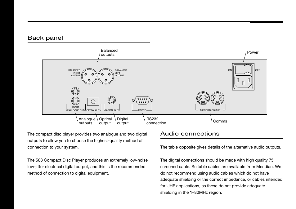 Connecting the compact disc player, Audio connections, Audio outputs | Back panel, Audio, Connecting the, Compact disc player | Meridian America 588 User Manual | Page 25 / 41